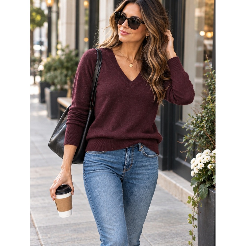 Vince 100% Cashmere V-Neck Sweater S Burgundy Wine Quiet Luxury